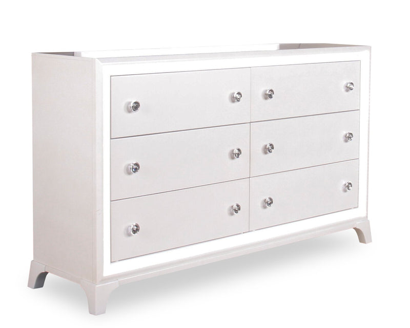 Commode somptueuse Halo de 58 po (l) x 35 po (H) à 6 tiroirs avec éclairage à DEL pour la chambre à coucher - blanche