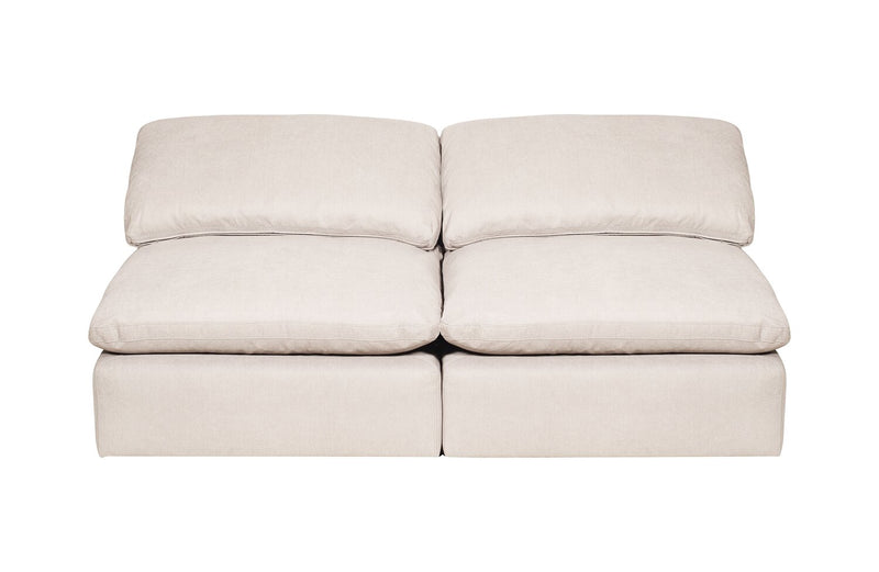Sofa sectionnel modulaire Eclipse 6 pièces en tissu d’apparence lin avec poufs et coussins réversibles en duvet et plumes - blanc lin