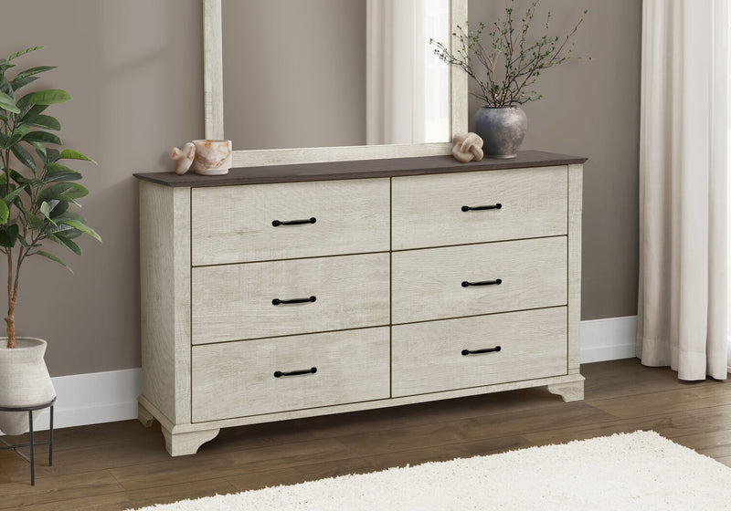 Commode de chambre à coucher Clara de 59 po (L) x 34 po (H) à 6 tiroirs - chêne blanchi et brun