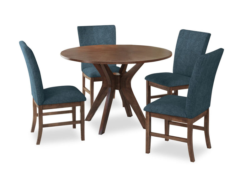 Ensemble de salle à manger Rain 5 pièces avec table ronde de 45 po (L) et 4 chaises bleues - bleu et brun