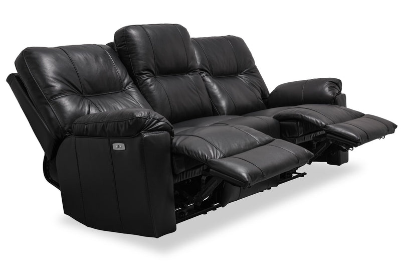Sofa à inclinaison électrique Dawson de 87 po fabriqué au Canada en cuir véritable avec port USB et oussins décoratifs - noir
