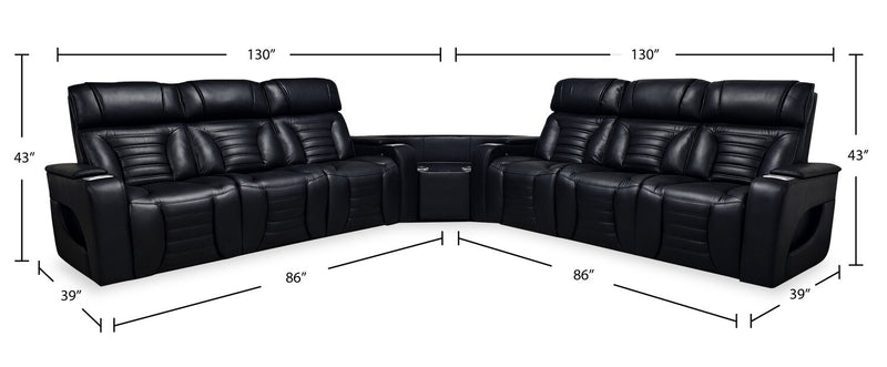 Sofa sectionnel à inclinaison électrique Zen 3 pièces en tissu d’apparence cuir avec massage et 2 consoles rabattables - noir