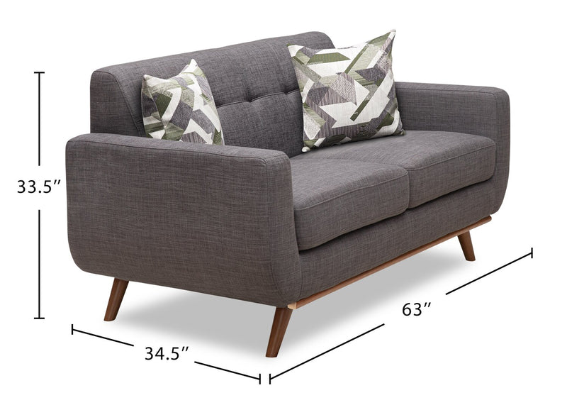 Causeuse Freeman de Kort & Co. de 63 po en tissu d’apparence lin avec pattes en bois et coussins de dossier capitonnés - gris anthracite