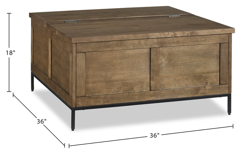 Table à café rustique York de 36 po en bois massif avec dessus relevable et rangement - brune