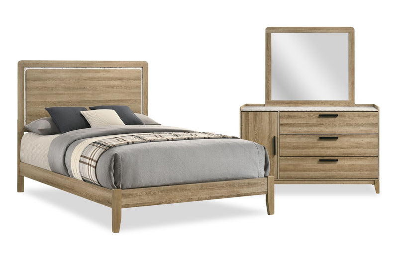 Ensemble de chambre à coucher Sable brun clair 5 pièces avec lit, commode et miroir - format lit double