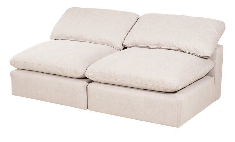 Sofa sectionnel modulaire Eclipse 5 pièces en tissu d’apparence lin avec pouf et coussins réversibles en duvet et plumes - blanc lin