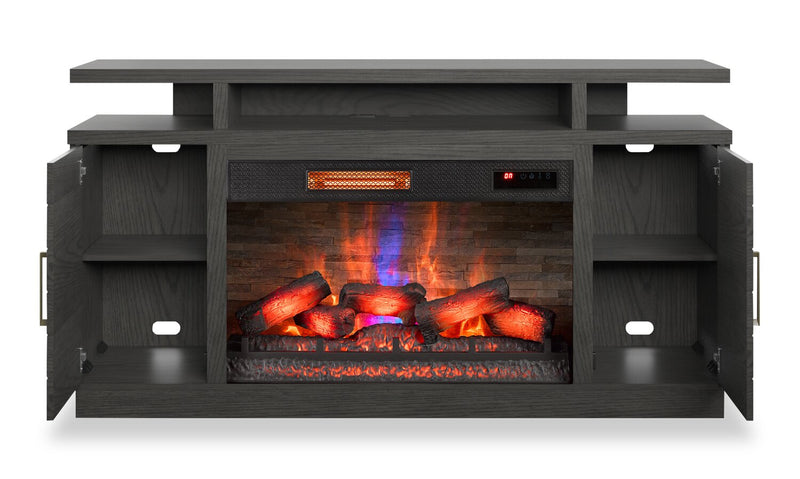 Meuble pour téléviseur moderne Breya de 64 po avec foyer électrique, rangement et recharge USB pour téléviseurs jusqu’à 70 po - gris