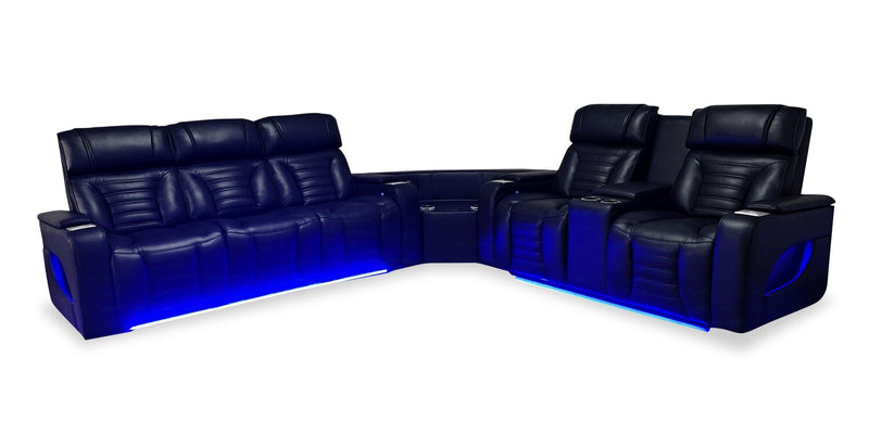 Sofa sectionnel à inclinaison électrique Zen 3 pièces en tissu d’apparence cuir avec massage, console rabattable et compartiment réfrigéré - noir