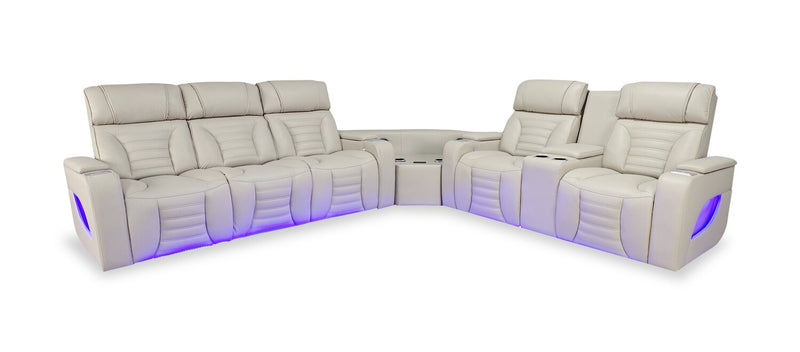 Sofa sectionnel à inclinaison électrique Zen 3 pièces en tissu d’apparence cuir avec massage, console rabattable et compartiment réfrigéré - abricot