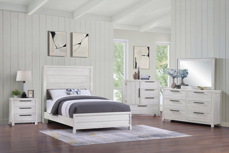 Ensemble de chambre à coucher Haven 5 pièces blanc avec lit à panneaux, commode et miroir - format grand lit