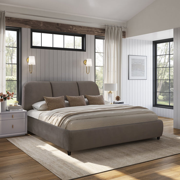 Lit plateforme rembourré Mave en tissu de velours gris - format très grand lit