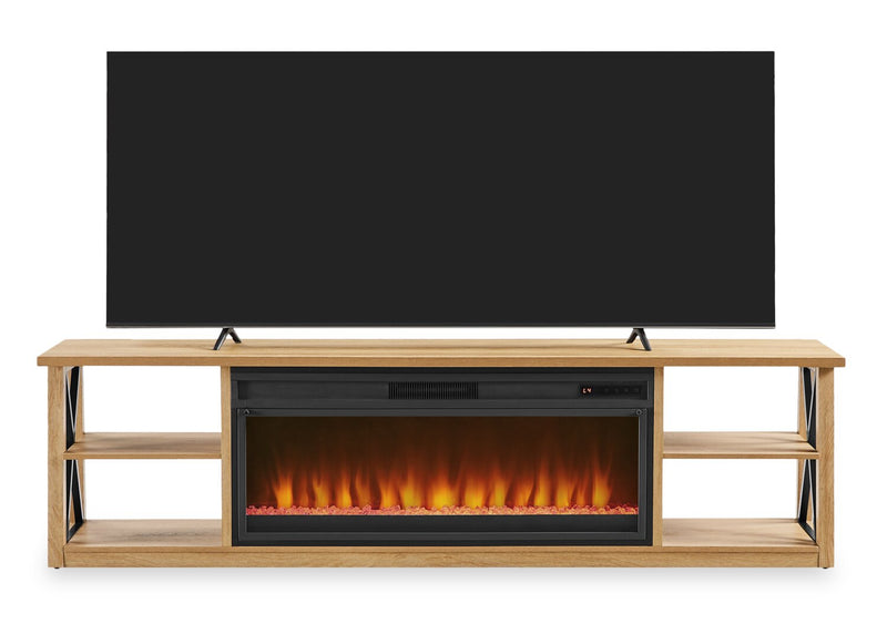 Meuble pour téléviseur Wendel de 80 po avec foyer électrique et rangement pour téléviseurs jusqu’à 85 po - chêne naturel 