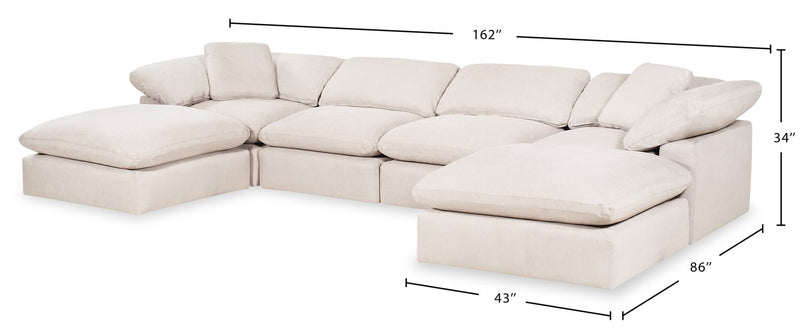 Sofa sectionnel modulaire Eclipse 6 pièces en tissu d’apparence lin avec poufs et coussins réversibles en duvet et plumes - blanc lin