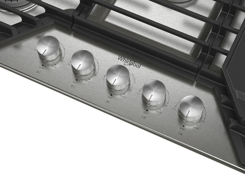Surface de cuisson à gaz Whirlpool de 30 po avec grille à charnières 2 en 1 qui se convertit en plaque chauffante - WCGK7530PS
