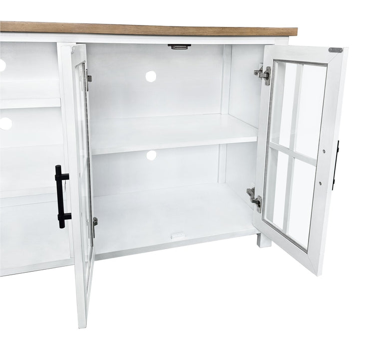 Meuble pour téléviseur moderne Sterling de 95.83 po avec rangement et système de gestion des câbles pour téléviseurs jusqu’à 100 po - brun et blanc