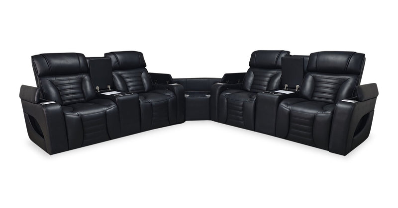 Sofa sectionnel à inclinaison électrique Zen 3 pièces en tissu d’apparence cuir avec massage et 2 consoles à compartiment réfrigéré - noir