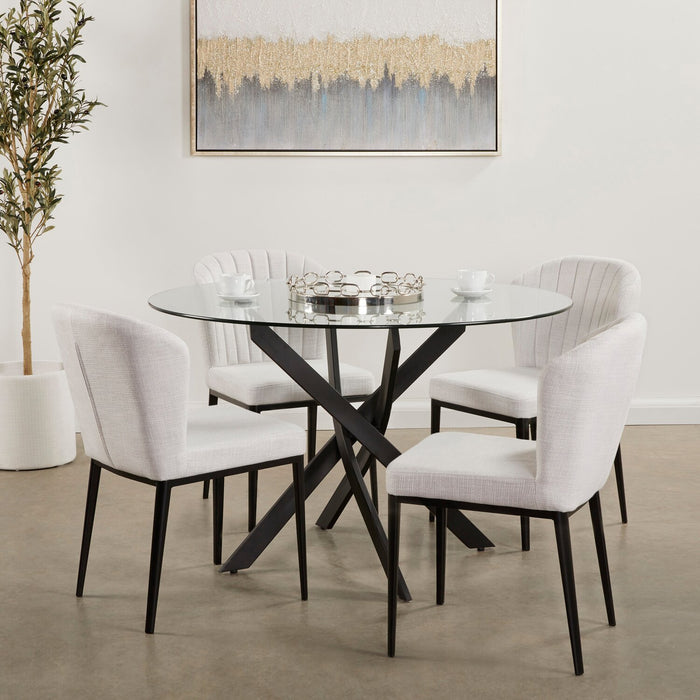 Ensemble de salle à manger Zoe 5 pièces avec table ronde de 47 po (L), dessus en verre, base géométrique en métal et 4 chaises - noir et gris