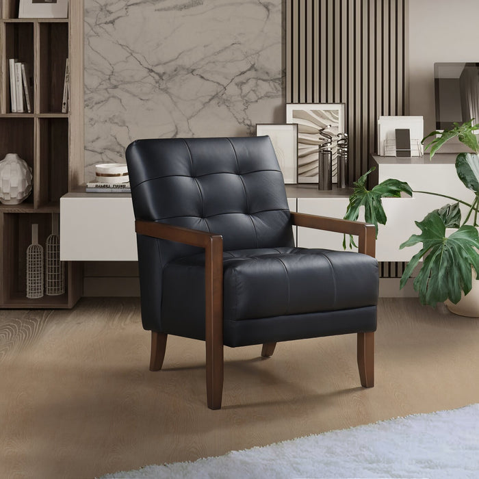 Fauteuil d’appoint Enzo de 26 po en cuir véritable avec capitonnage en biscuit, accoudoirs rectilignes et pattes en bois - noir