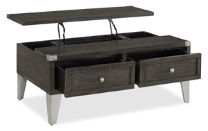 Table à café industrielle London de 42 po - fini en bois gris et pattes en métal argenté 