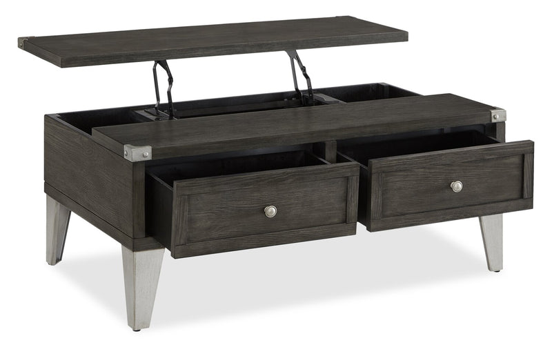 Table à café industrielle London de 42 po - fini en bois gris et pattes en métal argenté 