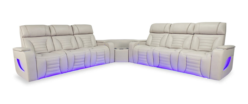 Sofa sectionnel à inclinaison électrique Zen 3 pièces en tissu d’apparence cuir avec massage et 2 consoles rabattables - abricot
