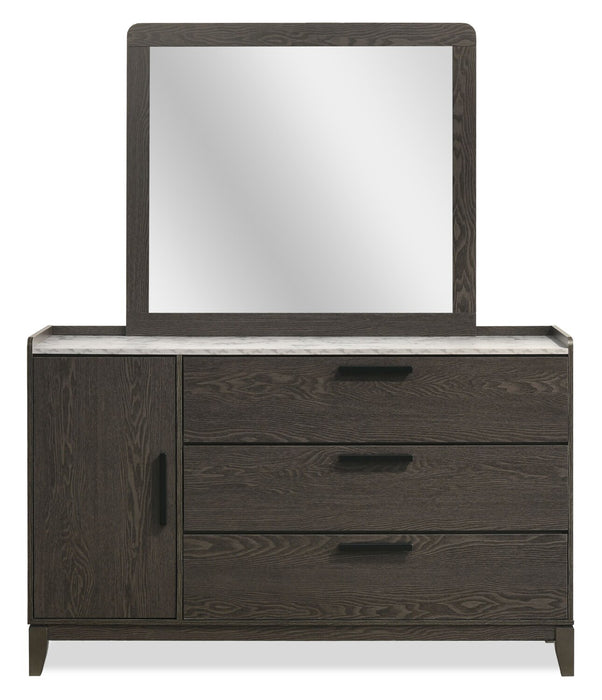 Ensemble de chambre à coucher Sable gris foncé 6 pièces avec lit, commode, miroir et table de nuit - format grand lit