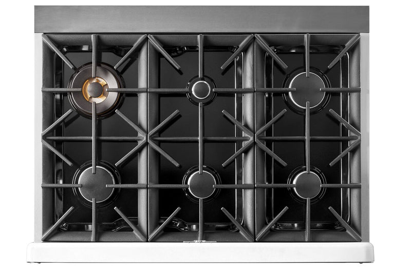 Cuisinière à gaz Classic Rétro par Unique de 36 po et de 5,2 pi3 à 6 brûleurs avec convection - blanc guimauve - UGP-36CR W