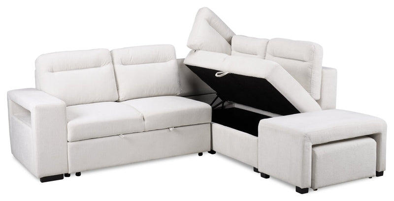 Sofa-lit sectionnel de droite Coast 3 pièces en tissu blanc ivoire avec fauteuil long de rangement et accoudoir de rangement
