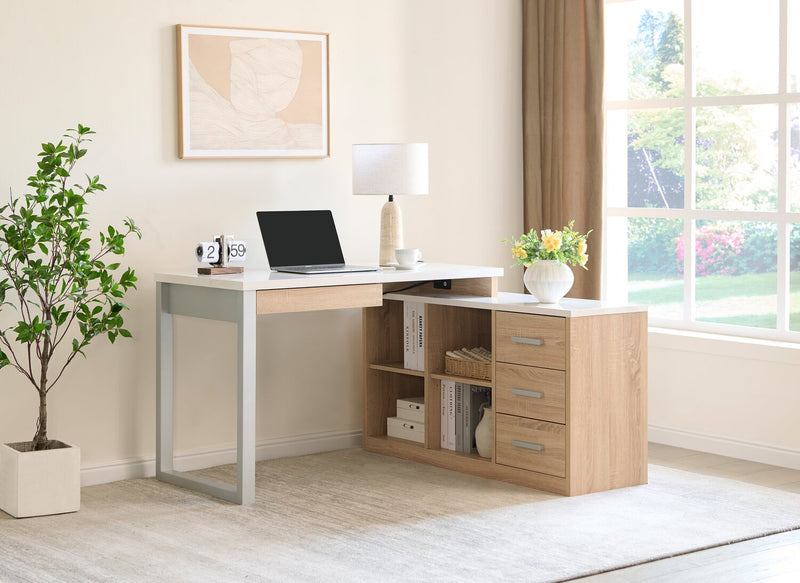 Bureau en coin réversible Owen de 55 po avec 4 tiroirs et compartiments - imitation de marbre blanc et blanc vieilli