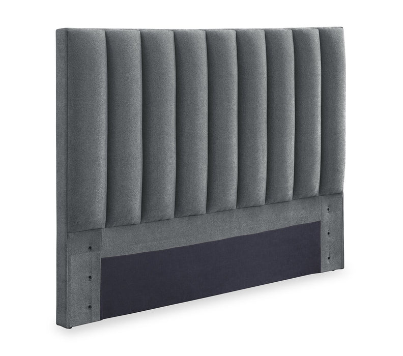 Lit de rangement Amos rembourré en tissu anthracite avec tête de lit à canaux et 3 tiroirs intégrés - format grand lit