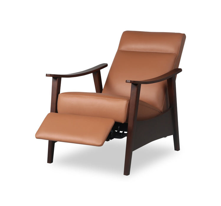 Fauteuil d’appoint à inclinaison par poussée Aydin de 27,5 po en cuir véritable avec accoudoirs et pattes en bois - orange chameau