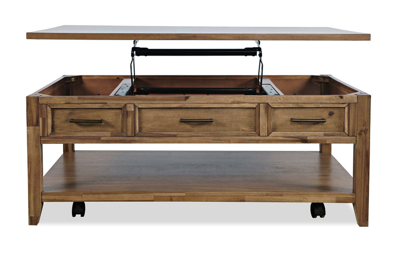 Table à café rustique Nathan de 47,25 po avec dessus relevable, rangement et roulettes - brun clair