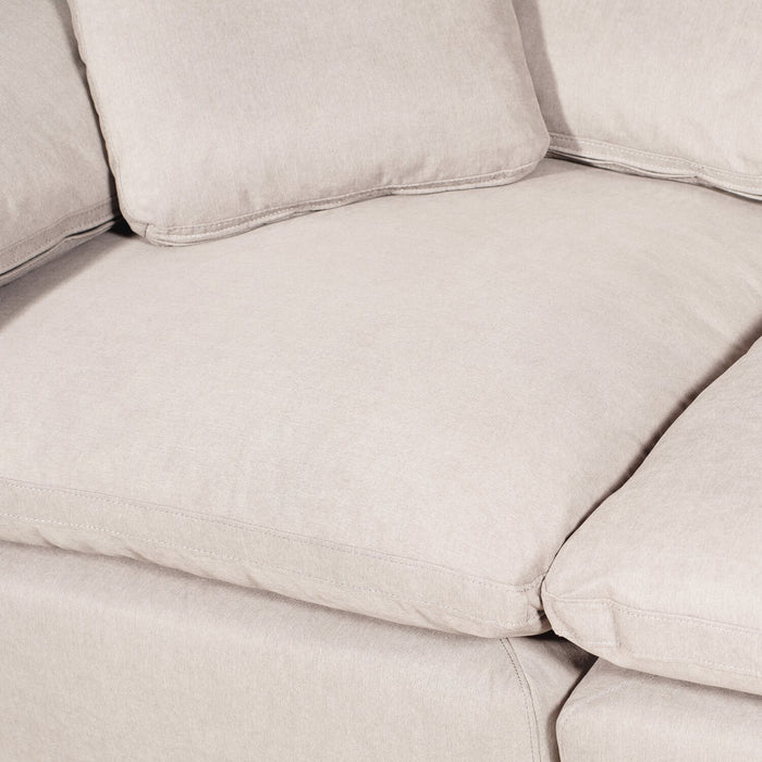 Sofa sectionnel modulaire Eclipse 5 pièces en tissu d’apparence lin avec pouf et coussins réversibles en duvet et plumes - blanc lin