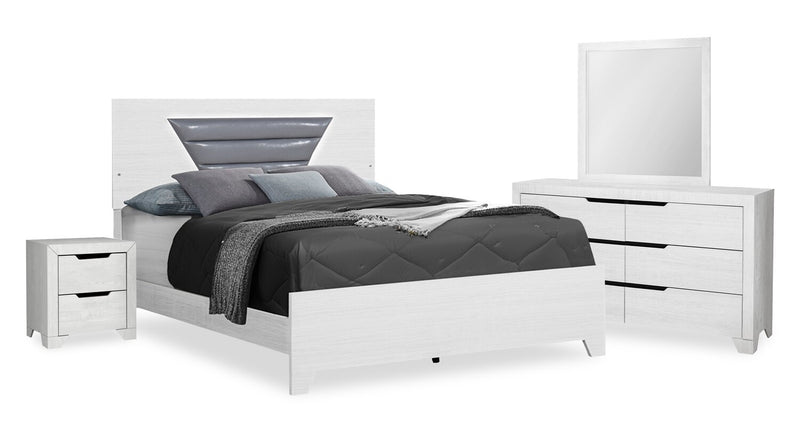 Ensemble de chambre à coucher moderne Elite blanc 6 pièces avec lit, commode, miroir, table de nuit et éclairage à DEL - format grand lit