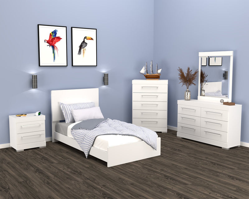 Ensemble de chambre à coucher Riley 5 pièces avec lit à panneaux, commode et miroir, fabriqué au Canada, blanc - format lit simple