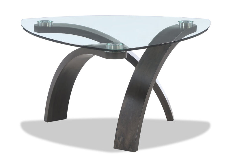 Table à café moderne Jorja de 34,75 po avec dessus en verre - brune avec pattes en bois cintré