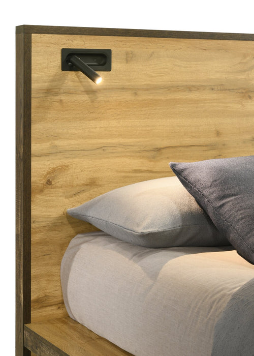 Lit plateforme Silas brun rustique avec tête de lit, cadre et éclairage à DEL - format lit double