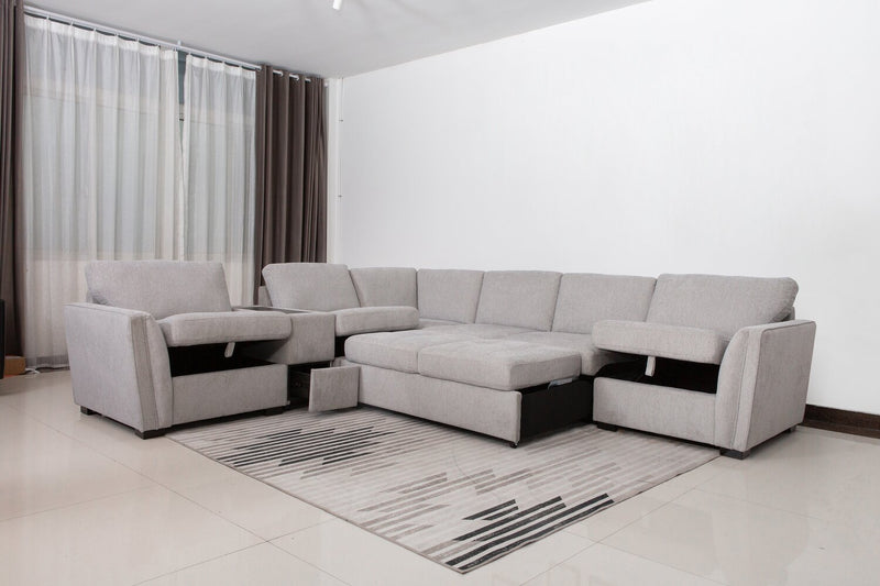 Sofa sectionnel Vault 6 pièces avec causeuse-lit et 3 fauteuils longs de rangement - gris