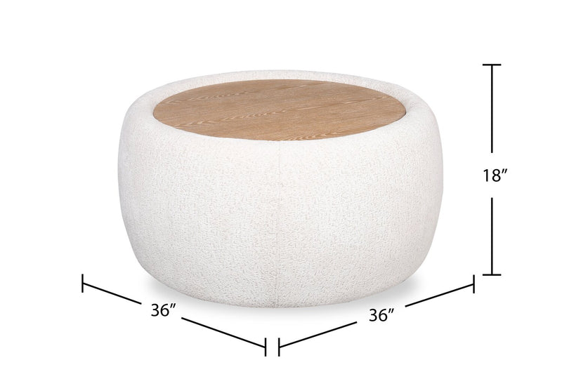 Pouf table à café Rio de 36 po en tissu de chenille avec dessus et pattes en bois - blanc albâtre