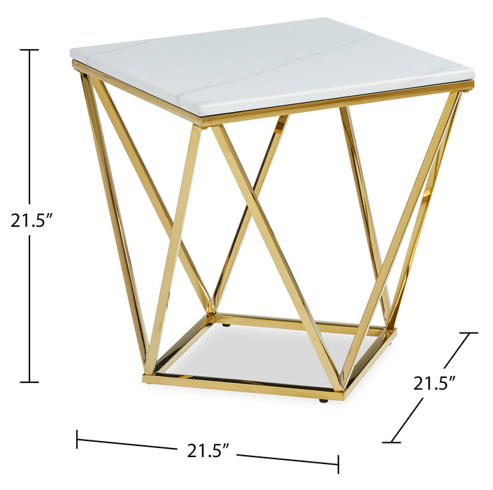 Table de bout carrée moderne Amanda de 21,5 po - dessus en marbre blanc avec base en métal doré