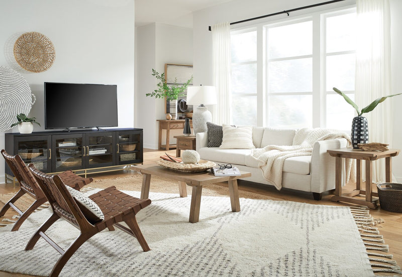 Meuble pour téléviseur moderne Cresset de 84 po en bois massif avec rangement et système de gestion des câbles pour téléviseurs jusqu’à 90 po - grain de café