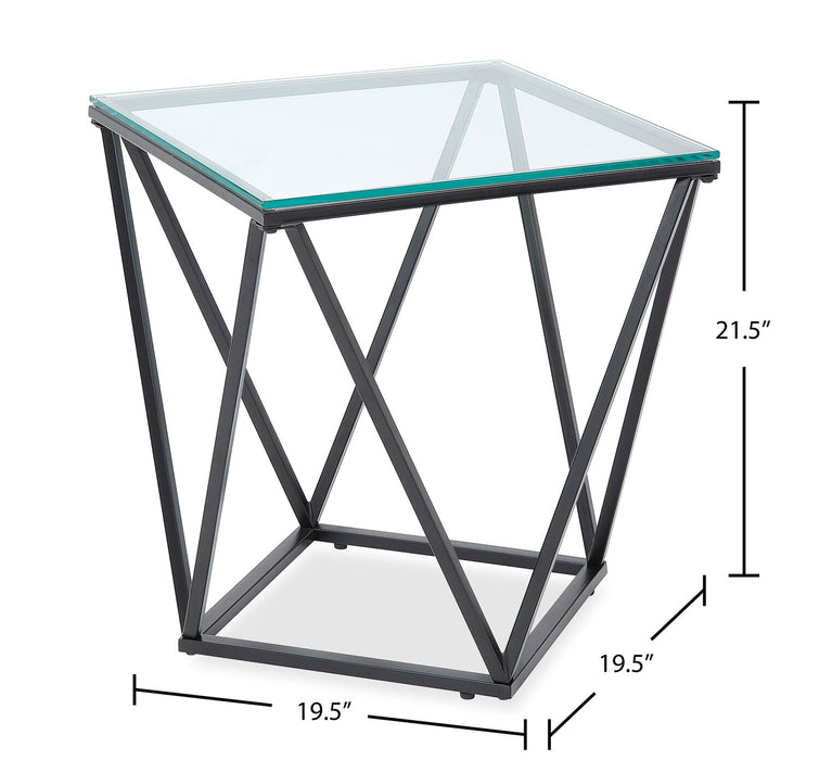 Table de bout moderne Prism de 19,5 po avec dessus en verre - verre avec base en métal 