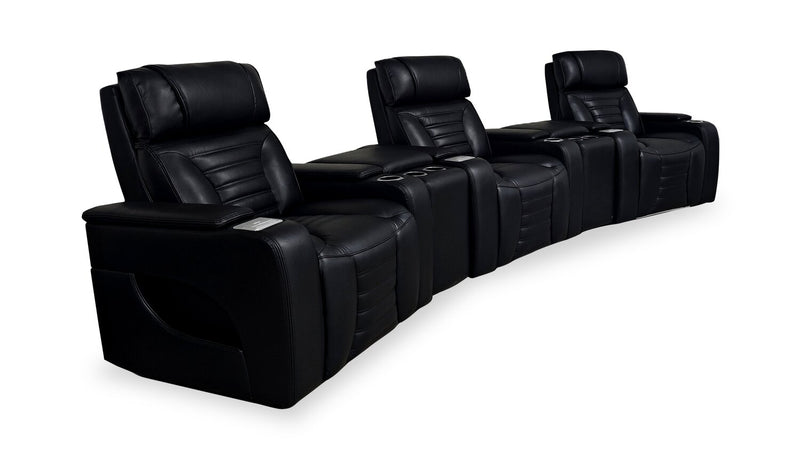Sofa sectionnel à inclinaison électrique Zen 5 pièces de style cinéma maison en tissu d’apparence cuir avec massage et 2 consoles de rangement - noir