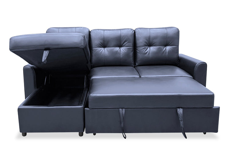 Sofa-lit sectionnel de gauche Carter 2 pièces en tissu d’apparence cuir avec fauteuil long de rangement - noir