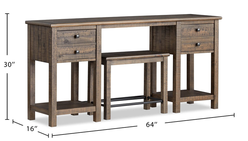 Table de salon Edwin de 64 po en pin champêtre avec rangement et tabouret - brun champêtre