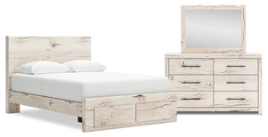 Ensemble de chambre à coucher Derekson 5 pièces blanc rustique avec lit de rangement, commode et miroir - format grand lit