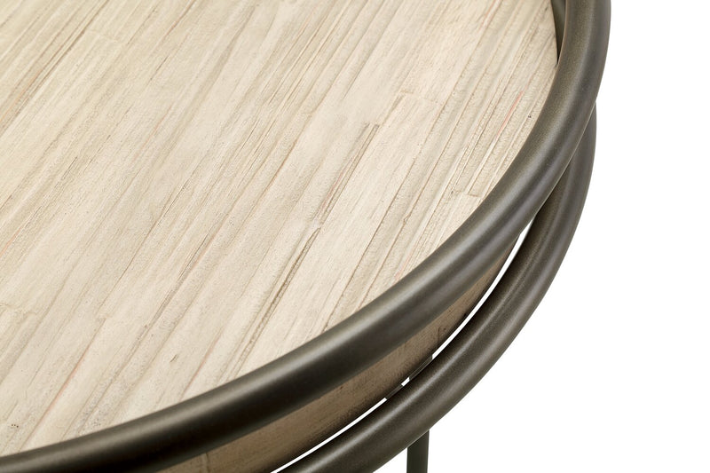Table à café ronde moderne Saxon de 38 po avec tablette - naturelle et nickel rétro