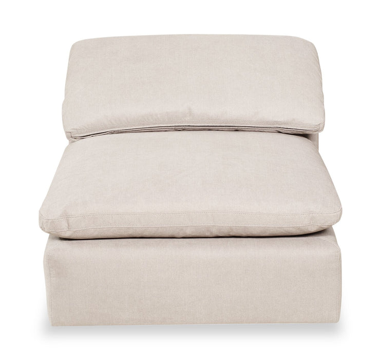 Sofa sectionnel modulaire Eclipse 6 pièces en tissu d’apparence lin avec poufs et coussins réversibles en duvet et plumes - blanc lin