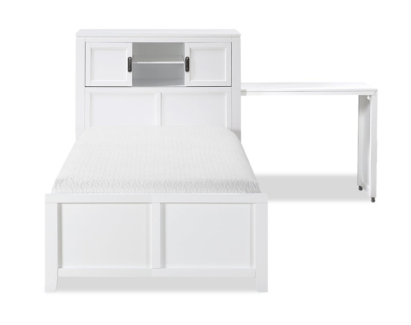 Lit plateforme Quinn avec tête de lit bibliothèque, bureau intégré et tabouret, blanc - format lit simple