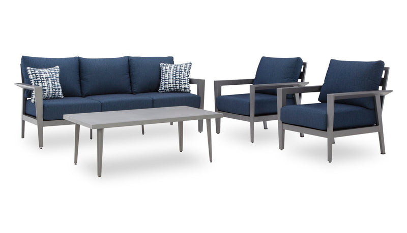 Ensemble Barrie 4 pièces pour la terrasse à l’extérieur avec sofa, 2 fauteuils et table - aluminium - bleu et gris